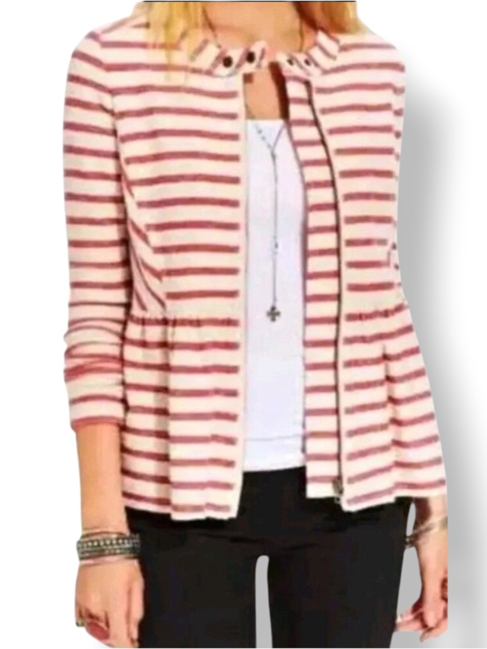 Free People Red White Striped Zip-Front Peplum Jacket